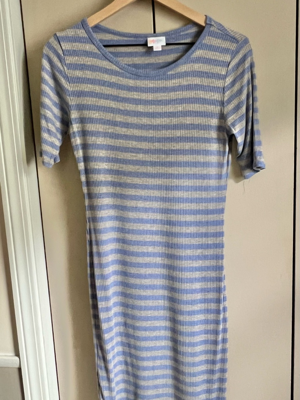 LuLaRoe Julia Blue and Cream Striped Midi Dress